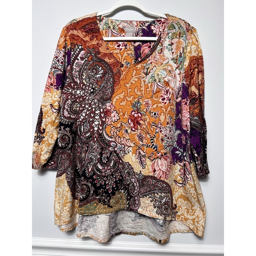 CHICOS Size 3 (XL)‎ Paisley Patchwork top-Boho-Cottagecore-COTTON/MODAL-Peasant